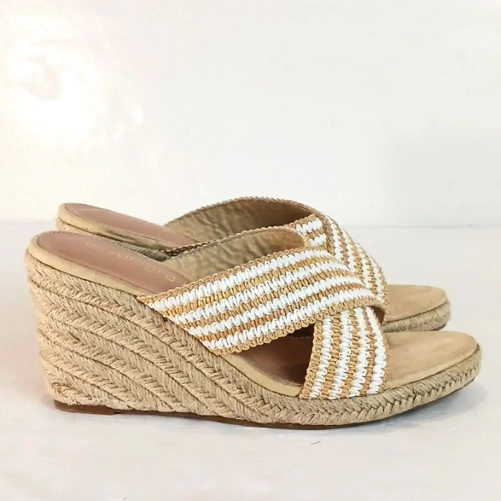 Allegra K Women's white/tan crisscross strap platform slide wedges sandals S/ 9